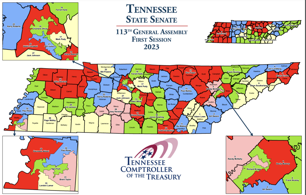 Image of state senate map. Districts are numbered and counties within the same district are Yellow, green, red, blue, and pink depending on their district.